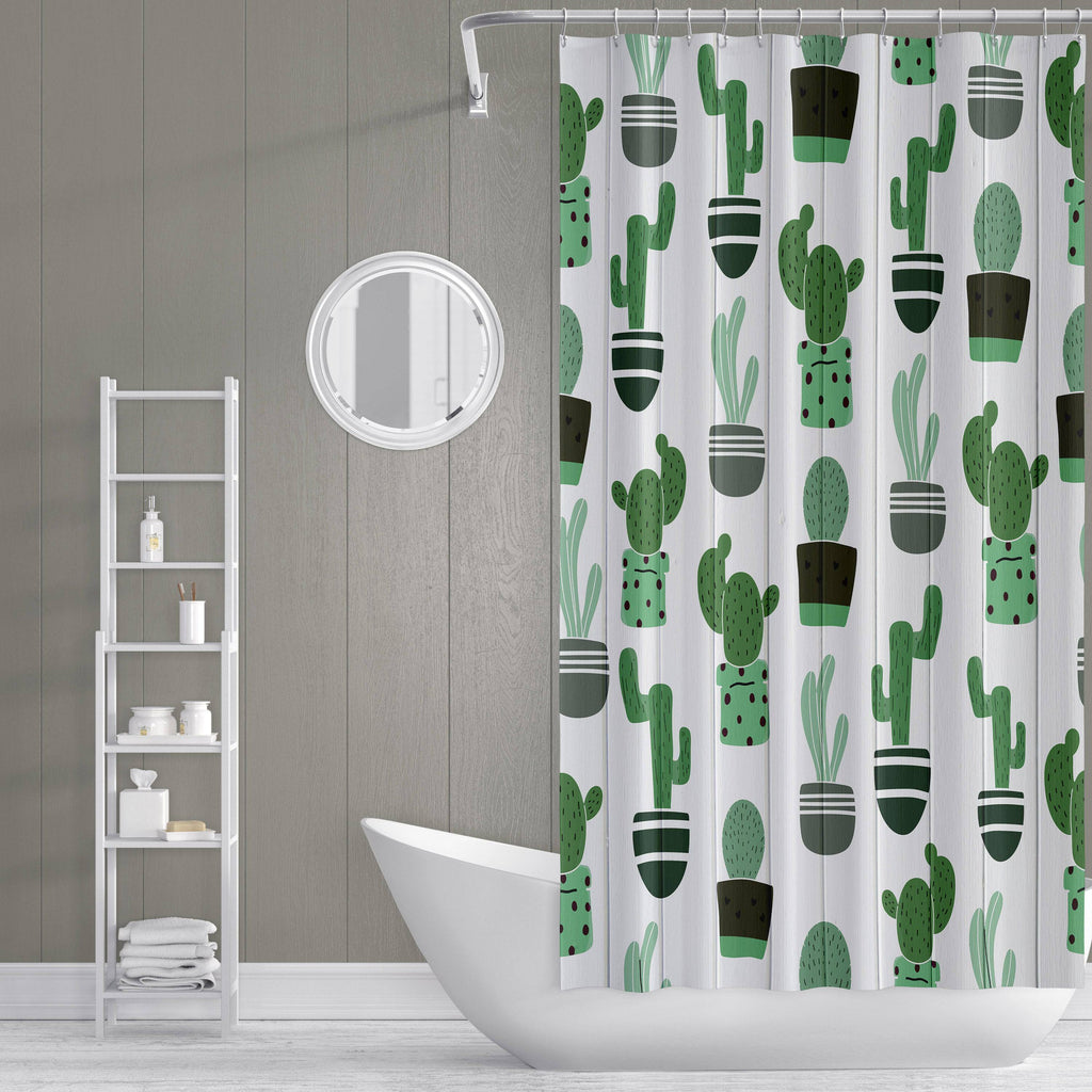 Whimsical Green Cactus on White Wood Shower Curtain - Deja Blue Studios
