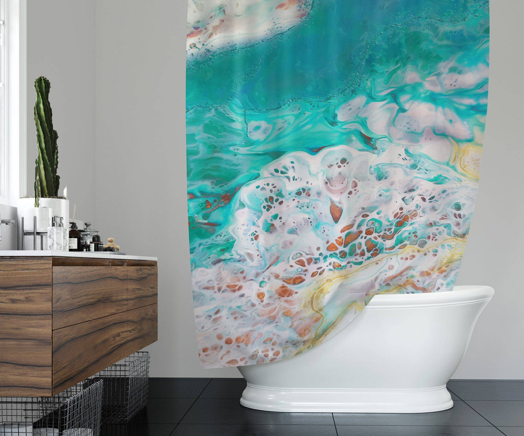Blue and White Abstract Acrylic Pour Shower Curtain - Deja Blue Studios