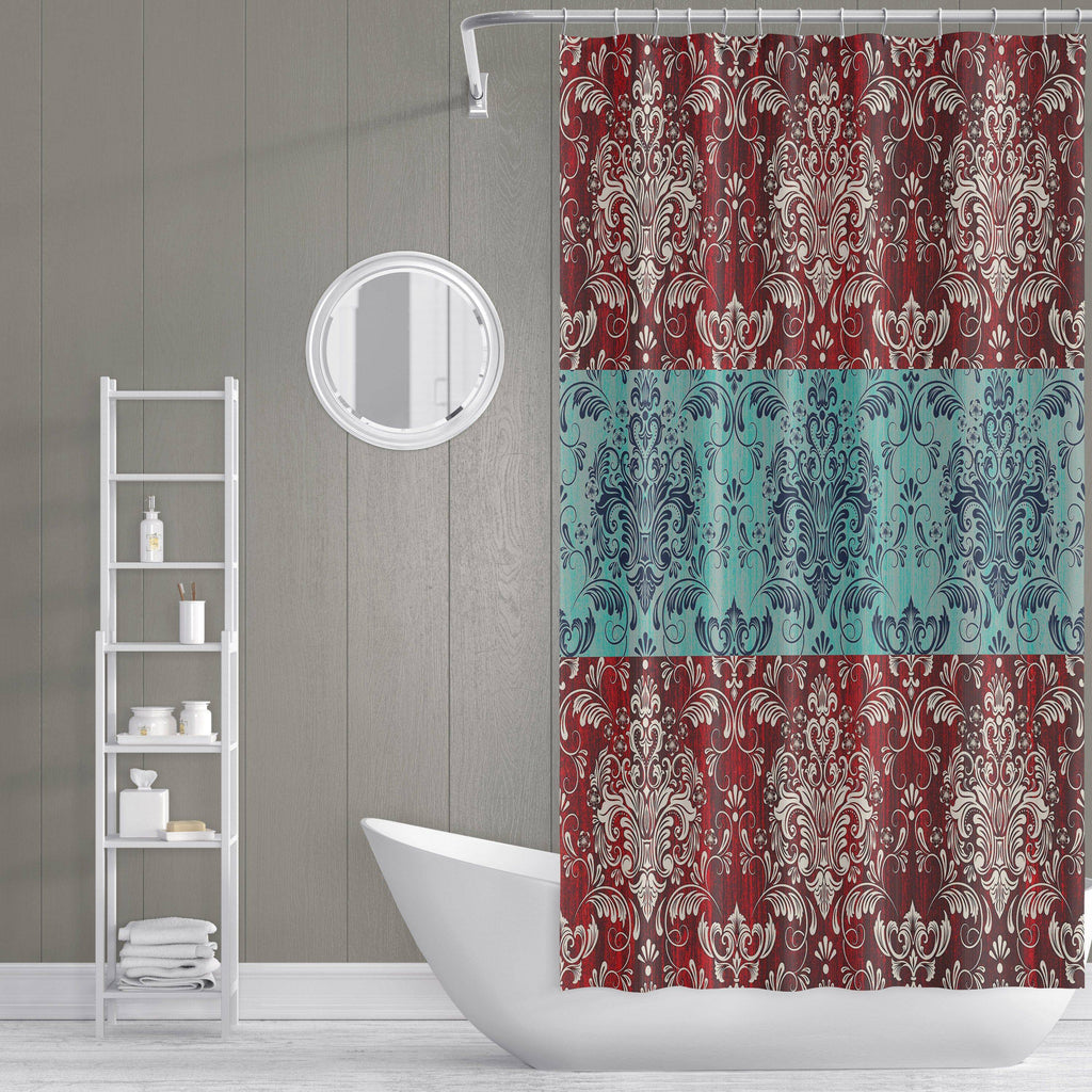Red and Blue Modern Victorian Damask Shower Curtain - Deja Blue Studios