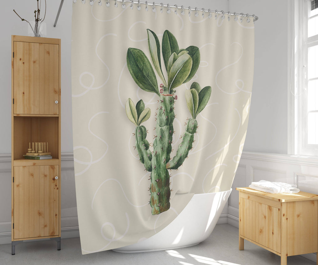 Chic Green Cactus on Beige Shower Curtain - Deja Blue Studios