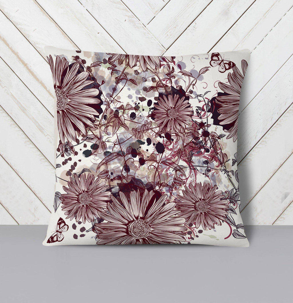 Burgundy and Beige Farmhouse Floral Throw Pillow - Deja Blue Studios