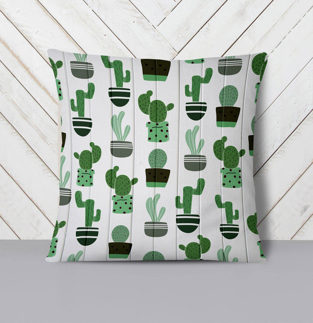 Whimsical Green Cactus on White Wood Throw Pillow - Deja Blue Studios