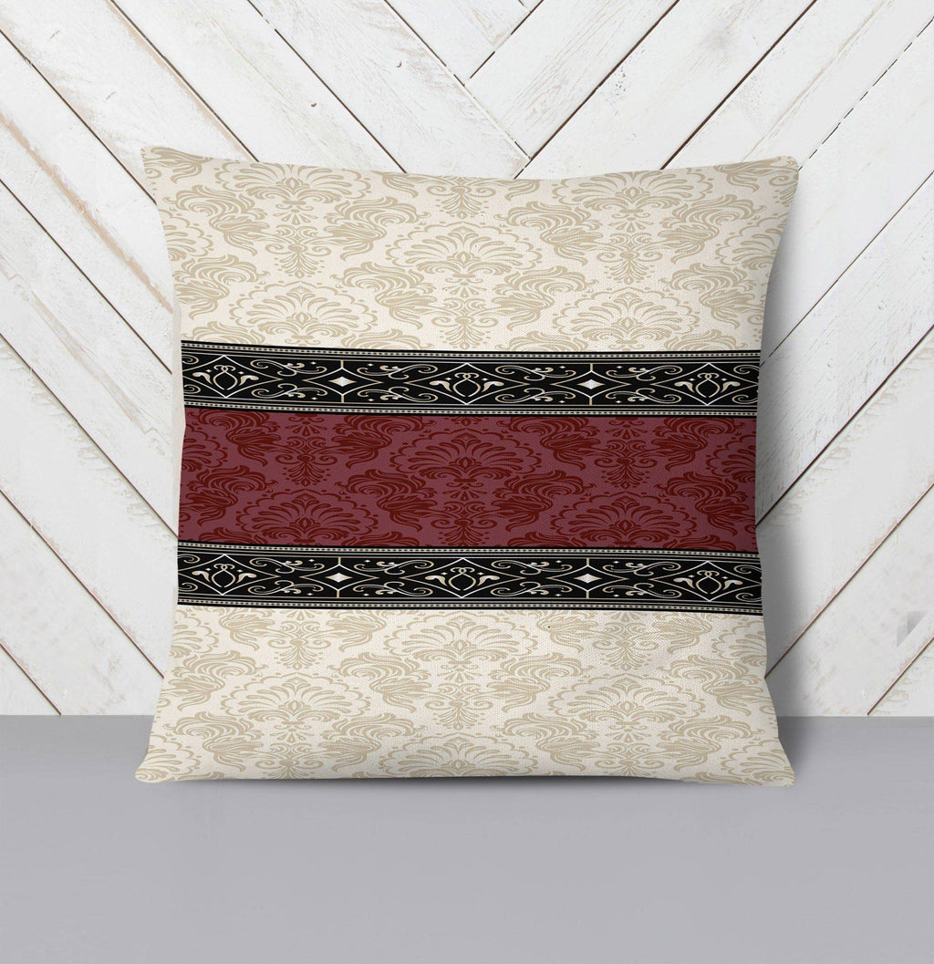 Beige and Burgundy Damask Pattern Throw Pillow - Deja Blue Studios