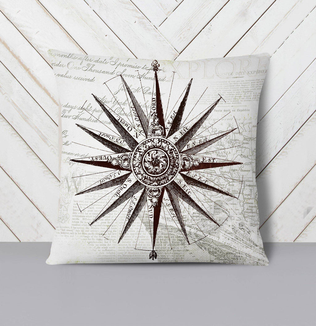 Vintage White Nautical Compass Star Throw Pillow - Deja Blue Studios