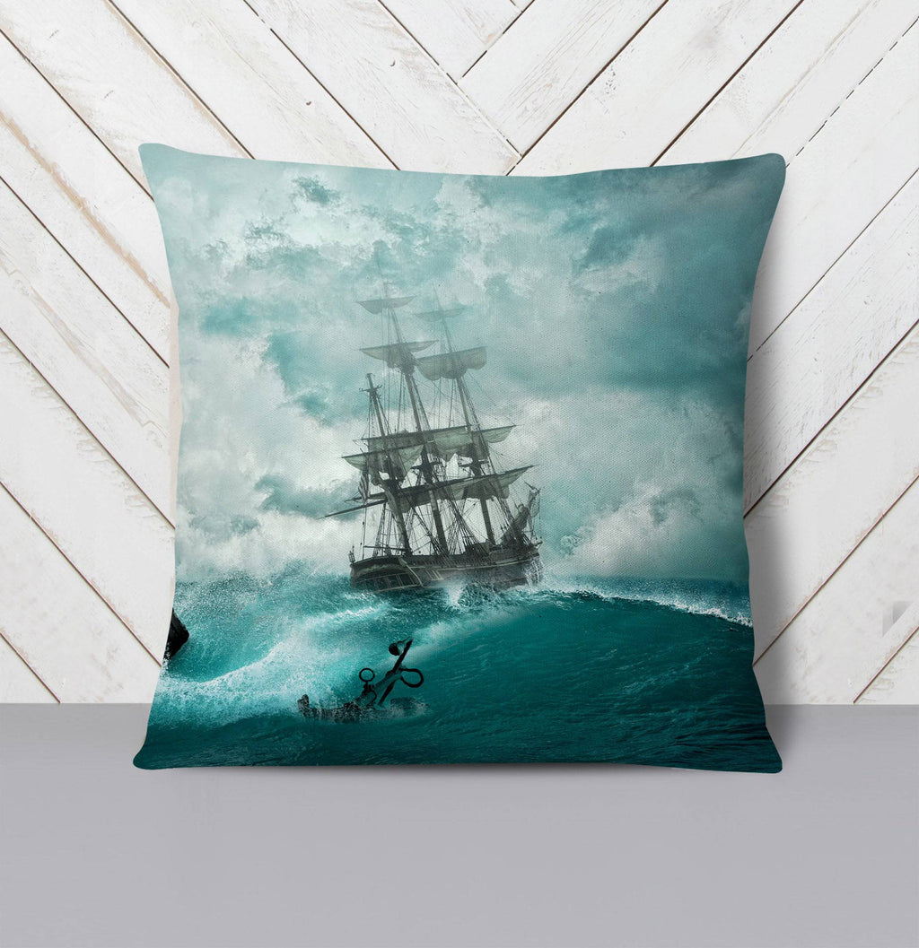 Blue Nautical Ship on the Sea Throw Pillow - Deja Blue Studios