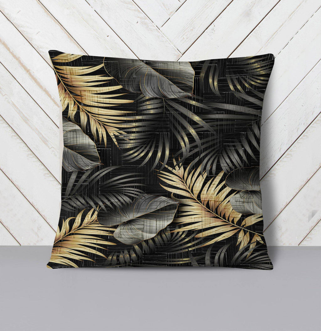 Black and Gold Monstera Fern Print Throw Pillow - Deja Blue Studios