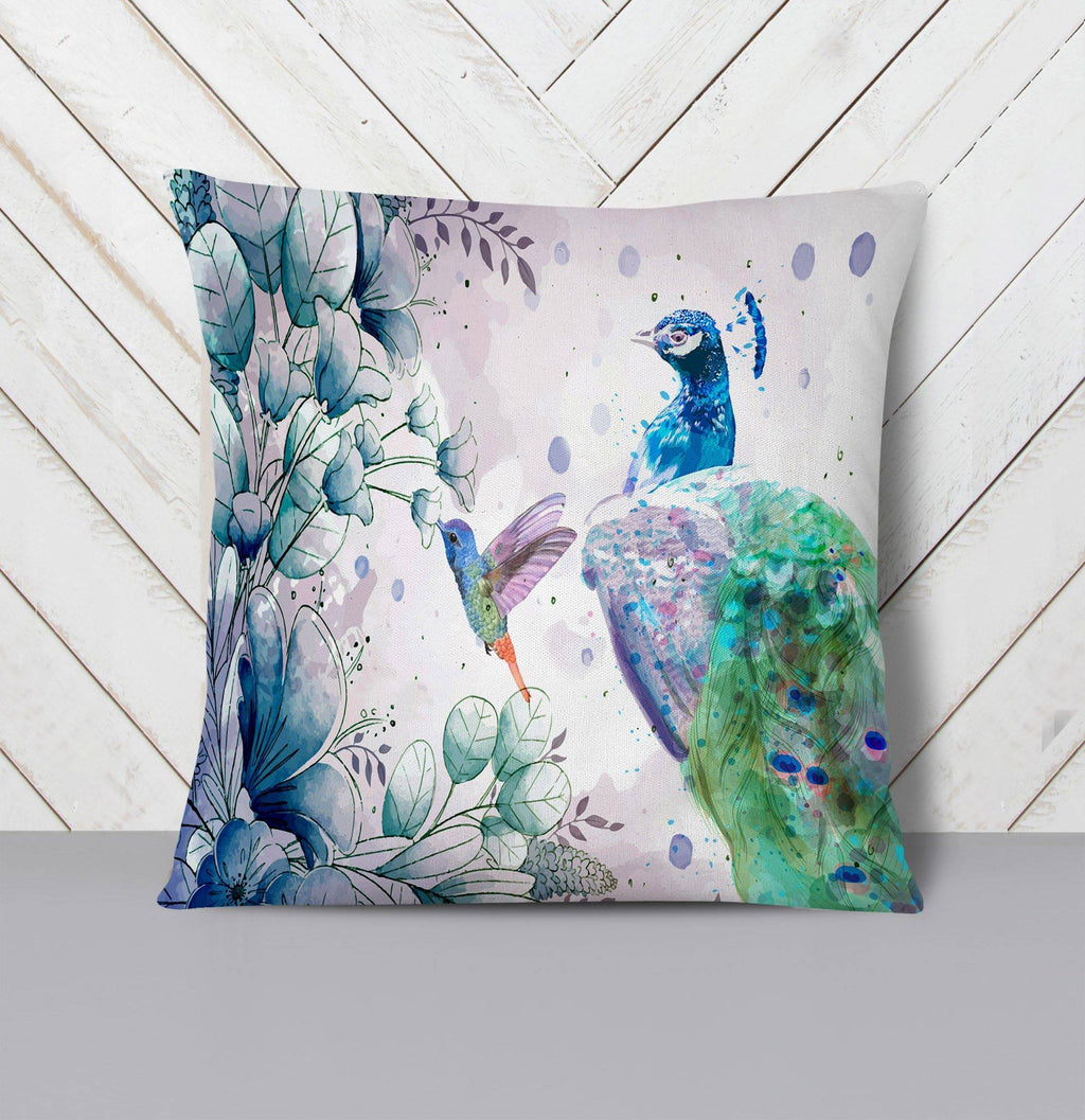 Watercolor Peacock and Humming Bird Throw Pillow - Deja Blue Studios