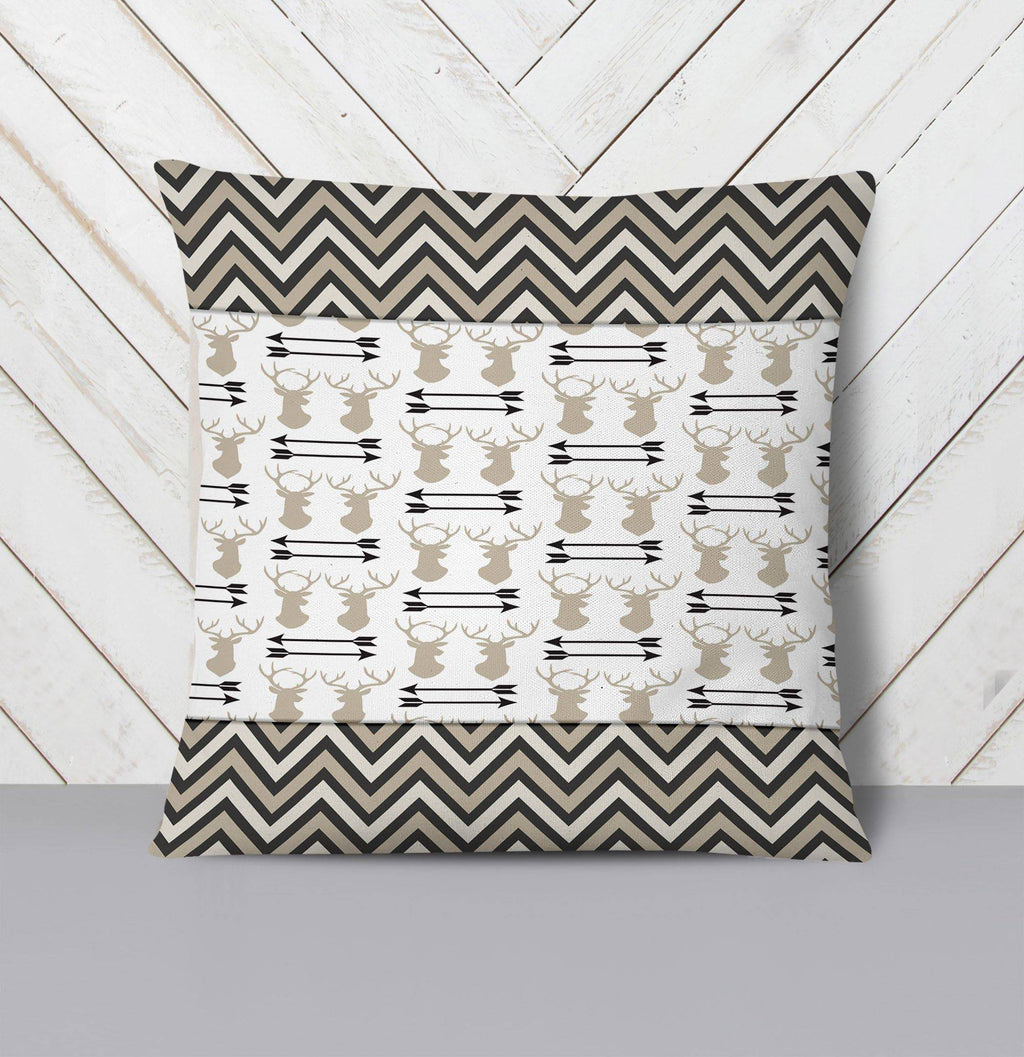 Beige and White Deer Antler and Chevron Pattern Throw Pillow - Deja Blue Studios