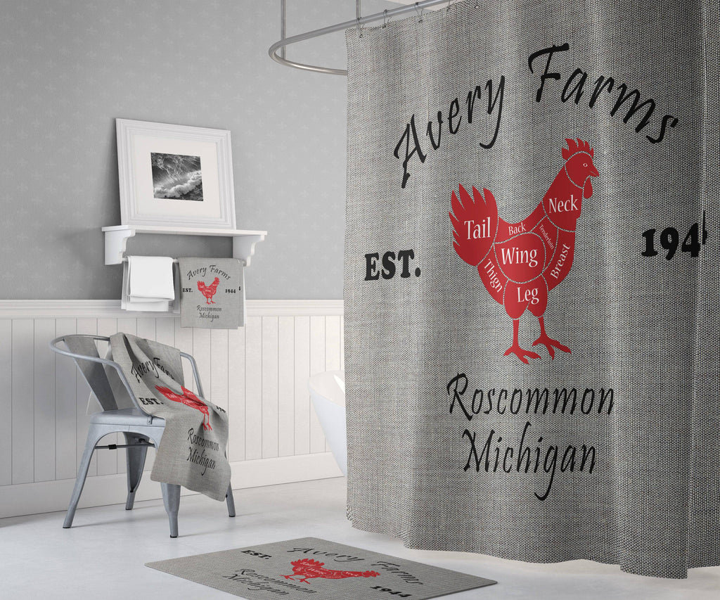 Personalized Rustic Meat Cut Farm Shower Curtain with Optional Bathmat | Cow, Pig and Chicken, Faux Gray Burlap Print - Deja Blue Studios