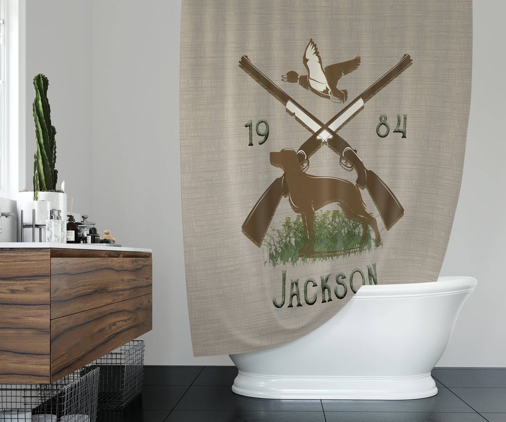 Personalized Rustic Hunting Cabin Shower Curtain | Cottage Shower Curtain | Gift for Hunters | Bird Hunting | Farmhouse Shower Curtain - Deja Blue Studios