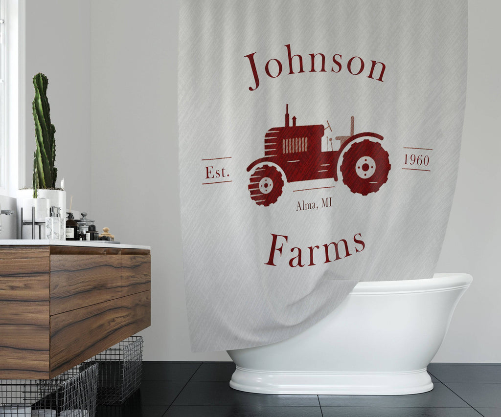 Farmhouse Shower Curtain Personalized | Rustic Red Tractor | Family Name | Farm Name | City and State | Established Date | Customized - Deja Blue Studios