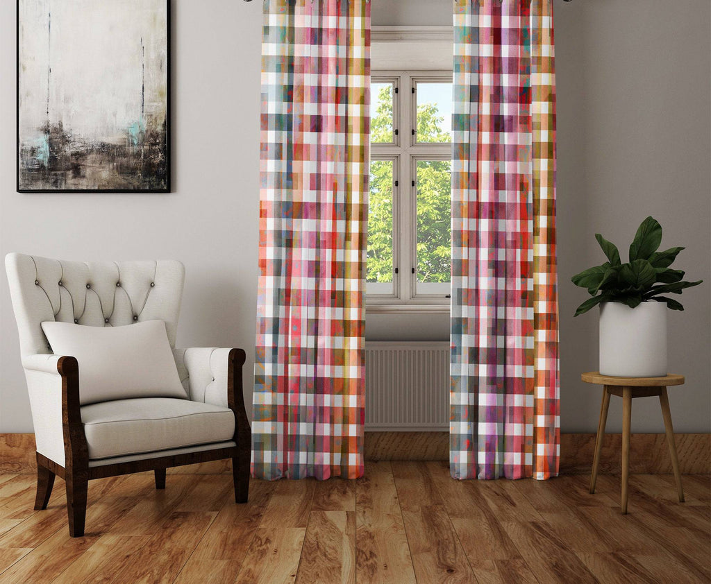 Burgundy Watercolor Plaid Window Curtains - Deja Blue Studios
