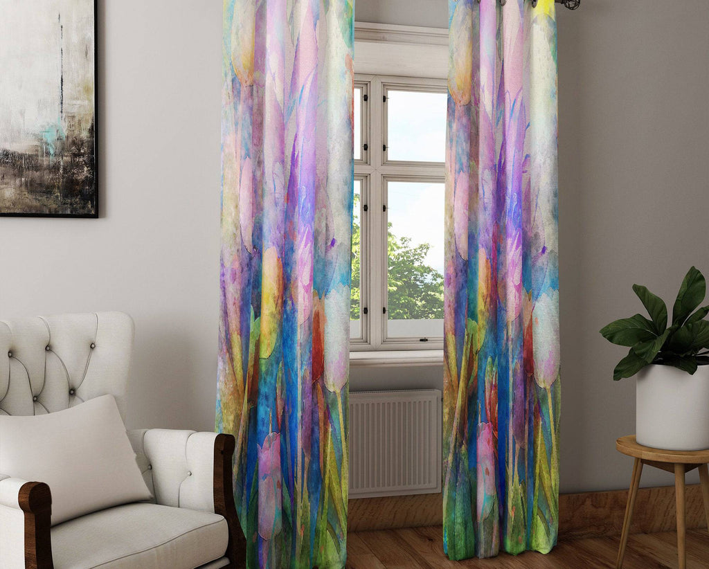 Watercolor Flowers Green and Purple Window Curtains - Deja Blue Studios