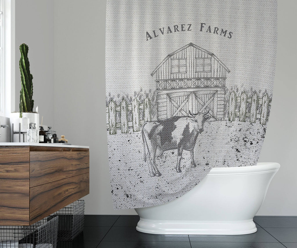 Personalized Farmhouse Cow Shower Curtain  | Country Chic | Barn and Wheat | Farm Theme Bathroom Curtain - Deja Blue Studios