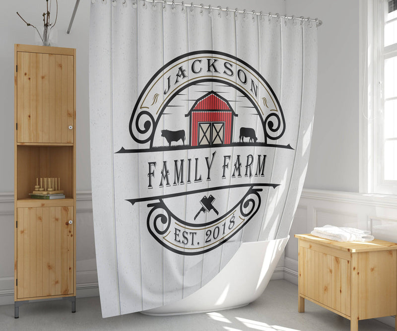 Farmhouse Shower Curtain | Personalized Rustic Shower Curtain | White and Red Barn Farm Logo - Deja Blue Studios