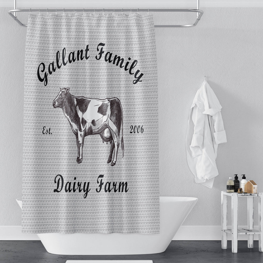 Farmhouse Shower Curtain Personalized | Dairy Cow Shower Curtain | Farm Bathroom Decor - Deja Blue Studios