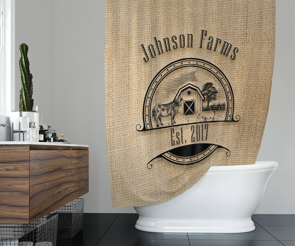 Rustic Farmhouse Shower Curtain Personalized | Cow and Pig Logo on Faux Burlap or Rustic Wood Print - Deja Blue Studios