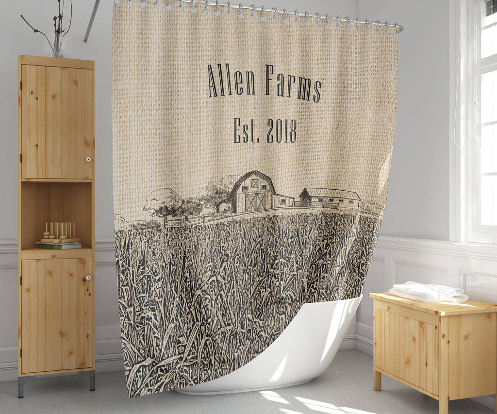 Personalized Rustic Corn Field Shower Curtain | Farmhouse Shower Curtain - Deja Blue Studios