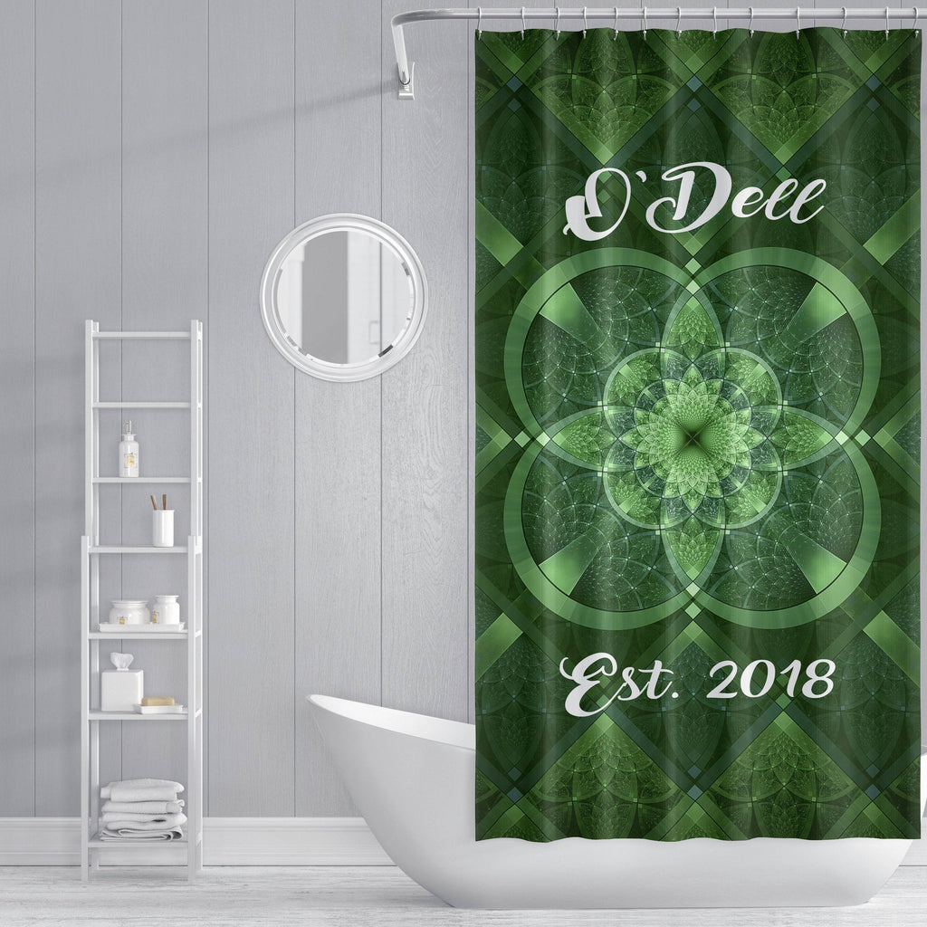 Personalized Fractal Shamrock Shower Curtain | Family Name, Established Date, Gift, Irish, Ireland, Emerald Green - Deja Blue Studios