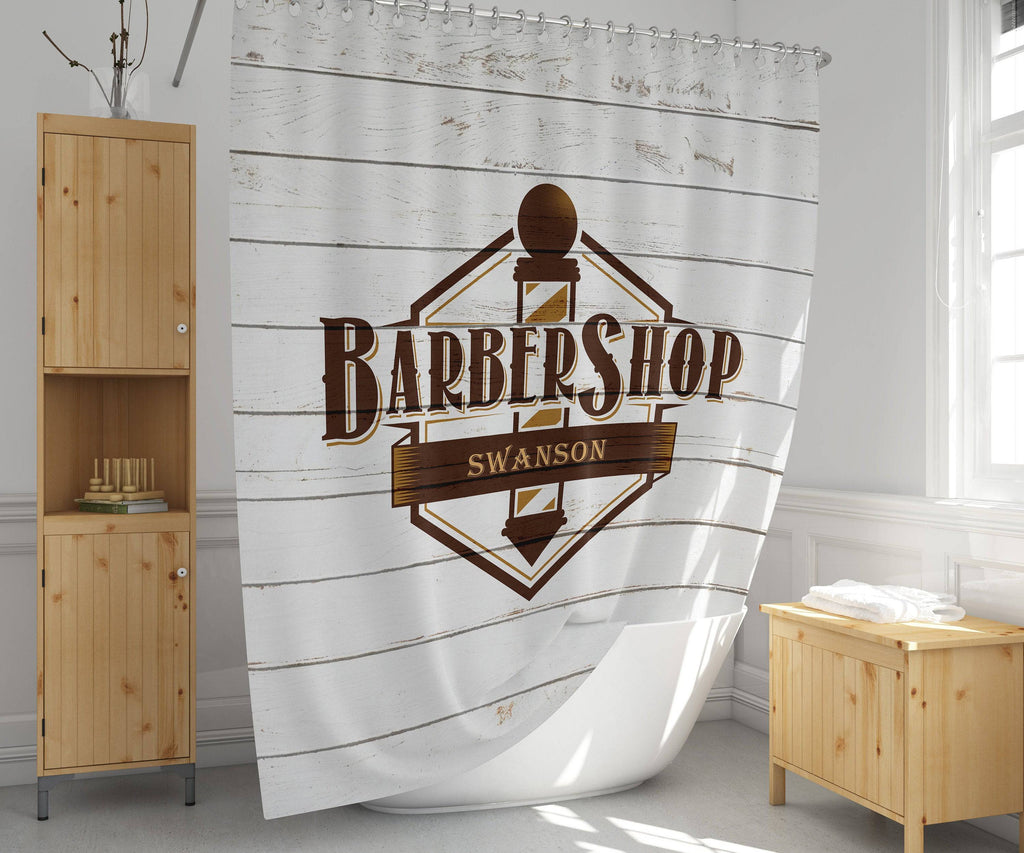 Personalized Rustic Barbershop Shower Curtain | White Wood, Brown Logo, Barber Gift, Bathroom Decor - Deja Blue Studios