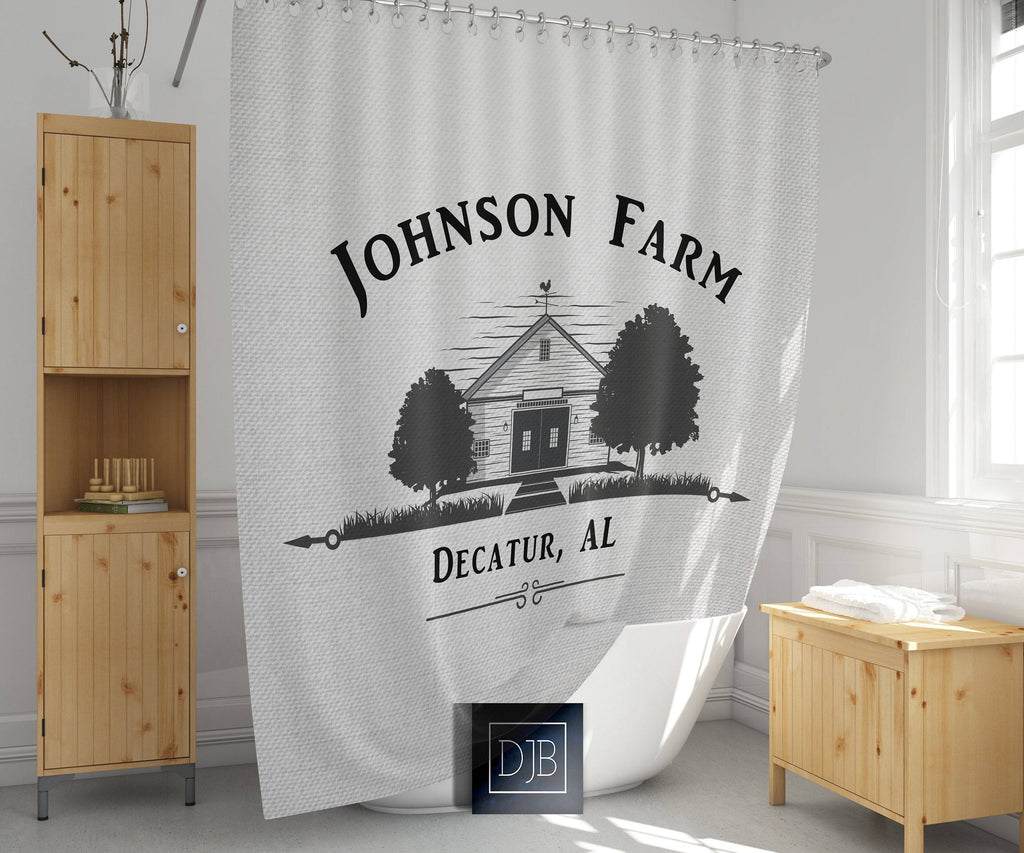 Personalized Old Schoolhouse Farm Shower Curtain | Black and Gray | Minimalist Farmhouse, Country Decor - Deja Blue Studios