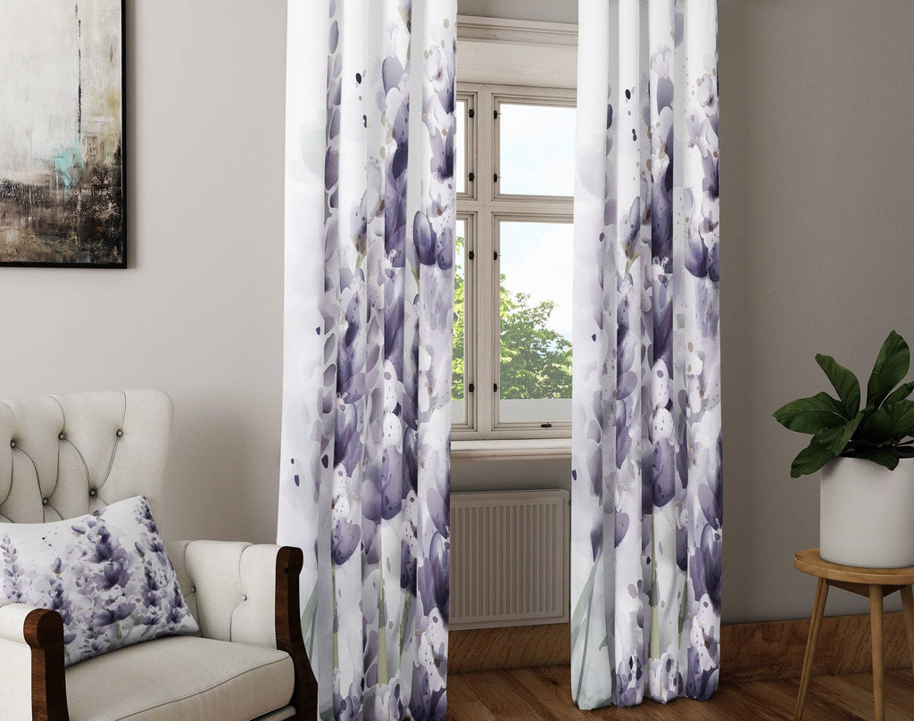 Chic Watercolor Lavender Floral Window Curtain - Deja Blue Studios