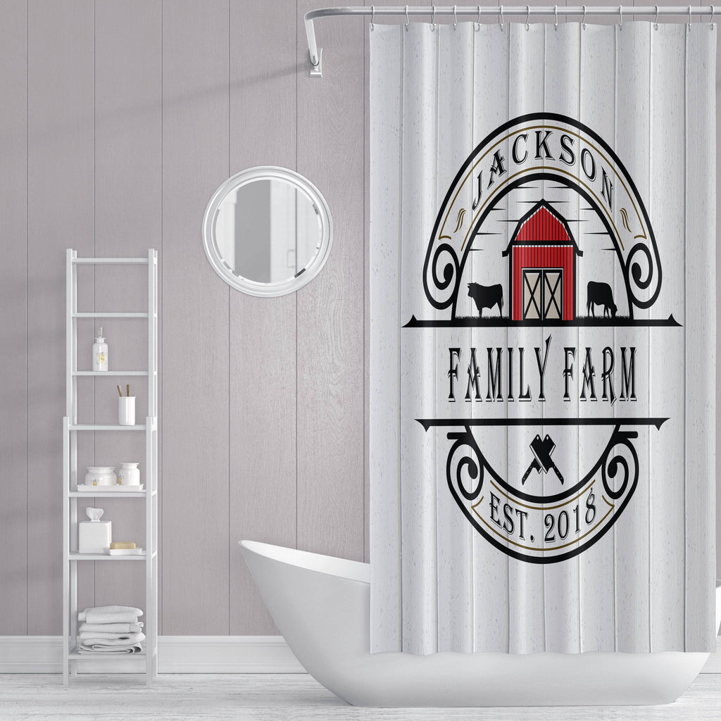 Farmhouse Shower Curtain | Personalized Rustic Shower Curtain | White and Red Barn Farm Logo - Deja Blue Studios