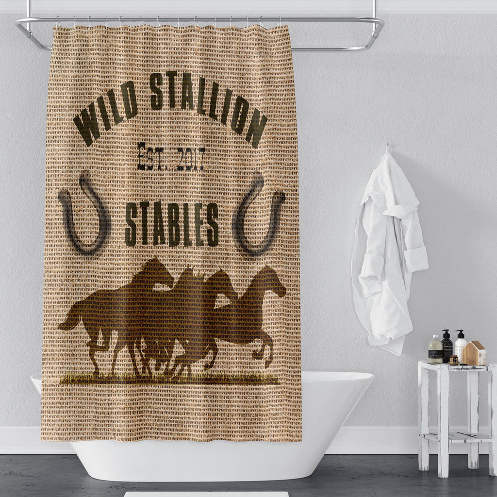 Rustic Farmhouse Shower Curtain Personalized Horses | Long and Extra Long Shower Curtain | Faux Burlap Brown Print - Deja Blue Studios