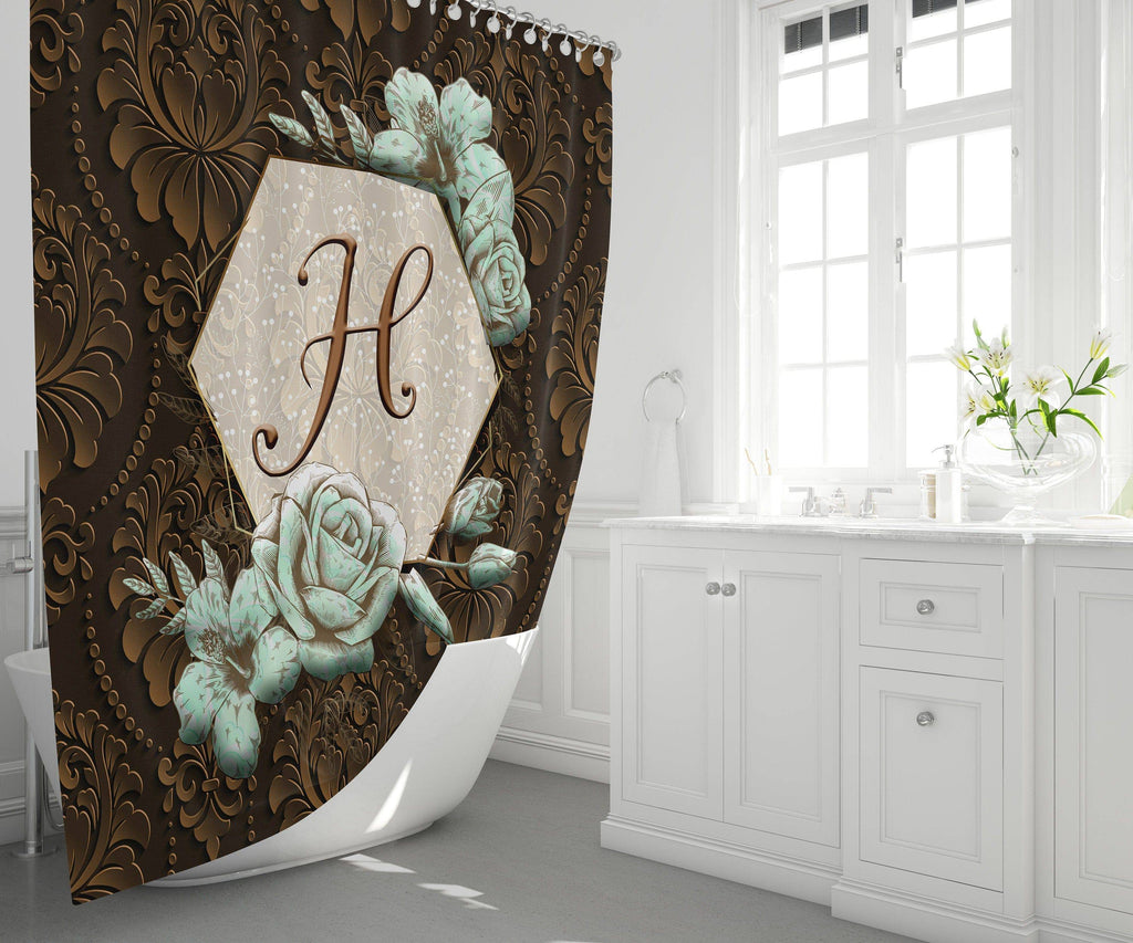 Personalized Farmhouse Monogram Shower Curtain | Chocolate Brown | Blue or Mint Floral Frame - Deja Blue Studios