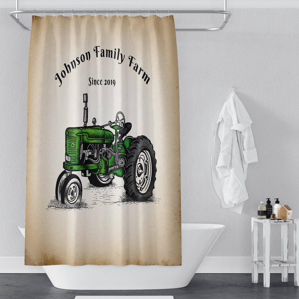 Personalized Green Tractor Farm Shower Curtain | Rustic Beige | Farmhouse, Country, Crops, Farm Gift - Deja Blue Studios