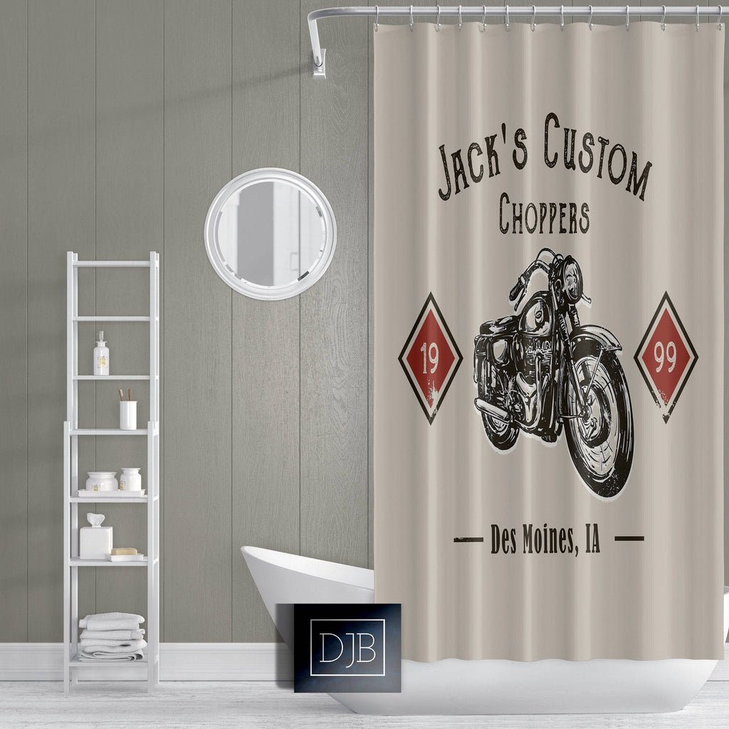 Personalized Motorcycle Shower Curtain | Custom Choppers | Beige Bathroom Decor | Garage Gift - Deja Blue Studios
