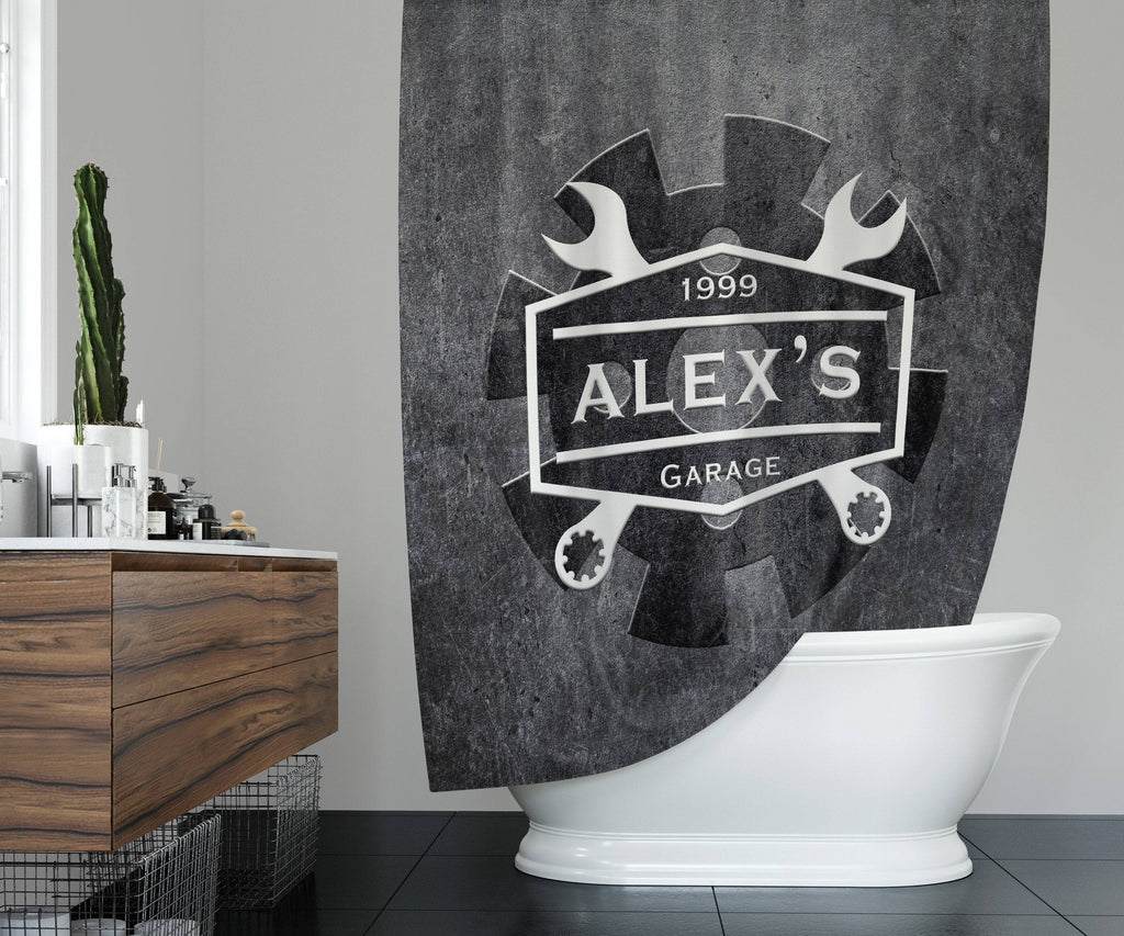 Personalized Garage Shower Curtain | Gear and Wrench Logo | Steel Gray - Deja Blue Studios