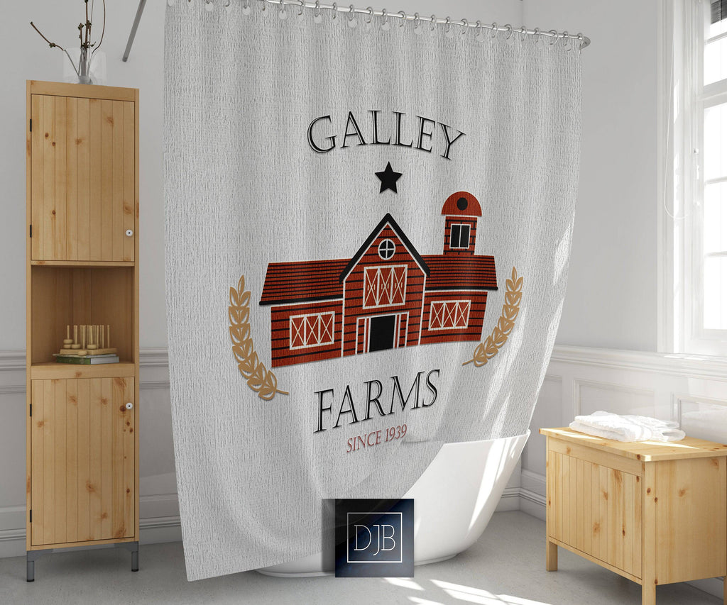 Personalized Rustic Red Barn Farmhouse Shower Curtain | Farm Name | Country Bathroom - Deja Blue Studios