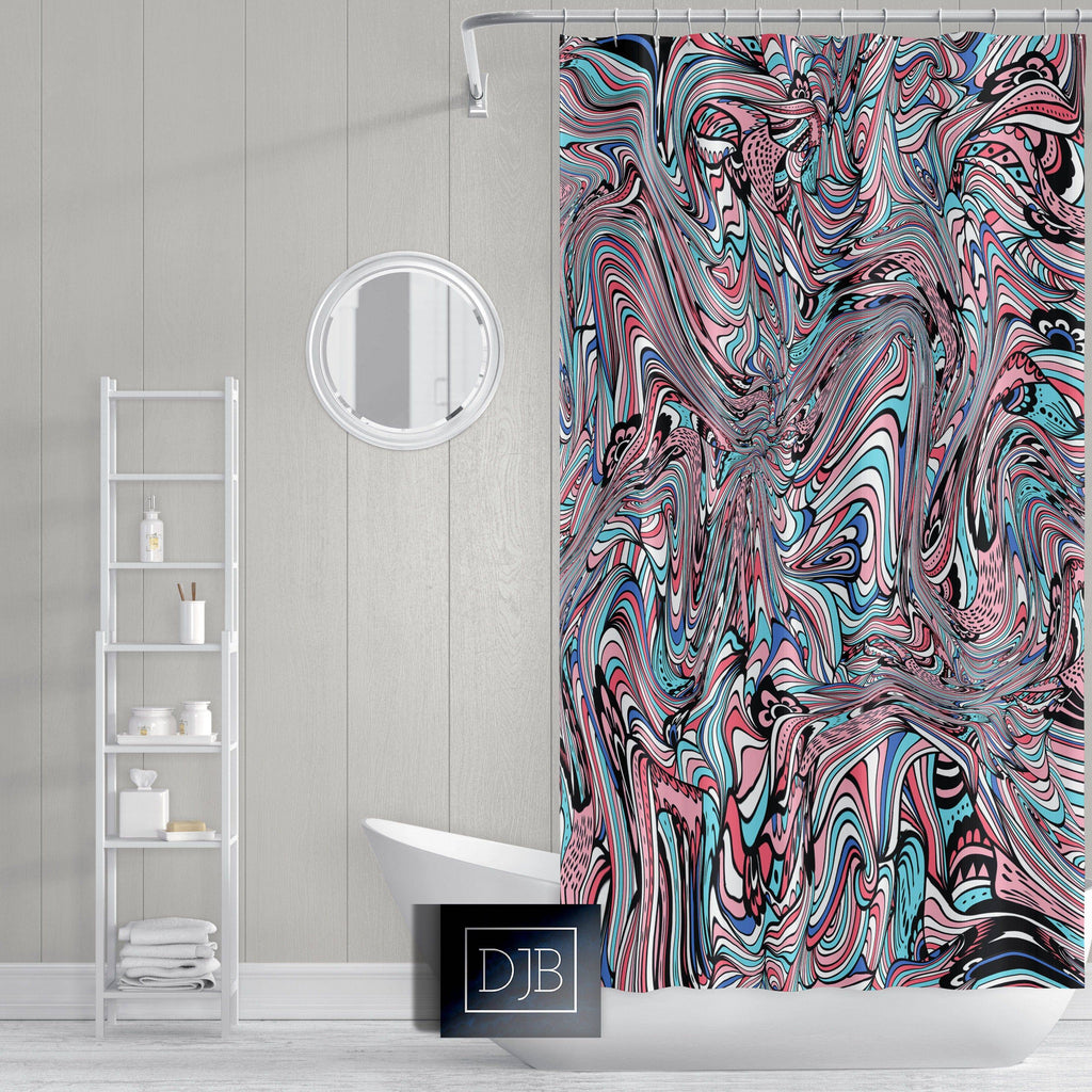 Pink and Blue Swirl Shower Curtain | Abstract Pattern Bath Decor - Deja Blue Studios