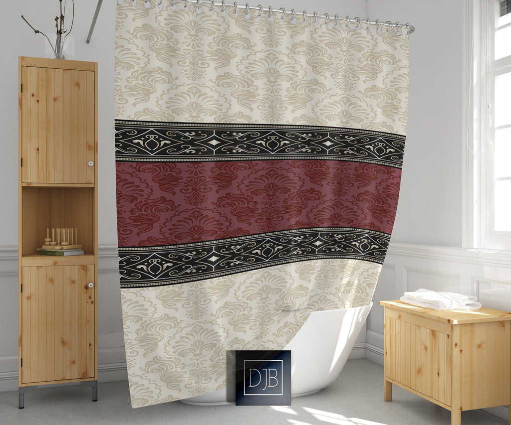 Beige and Burgundy Damask Shower Curtain | Victorian Style Print - Deja Blue Studios
