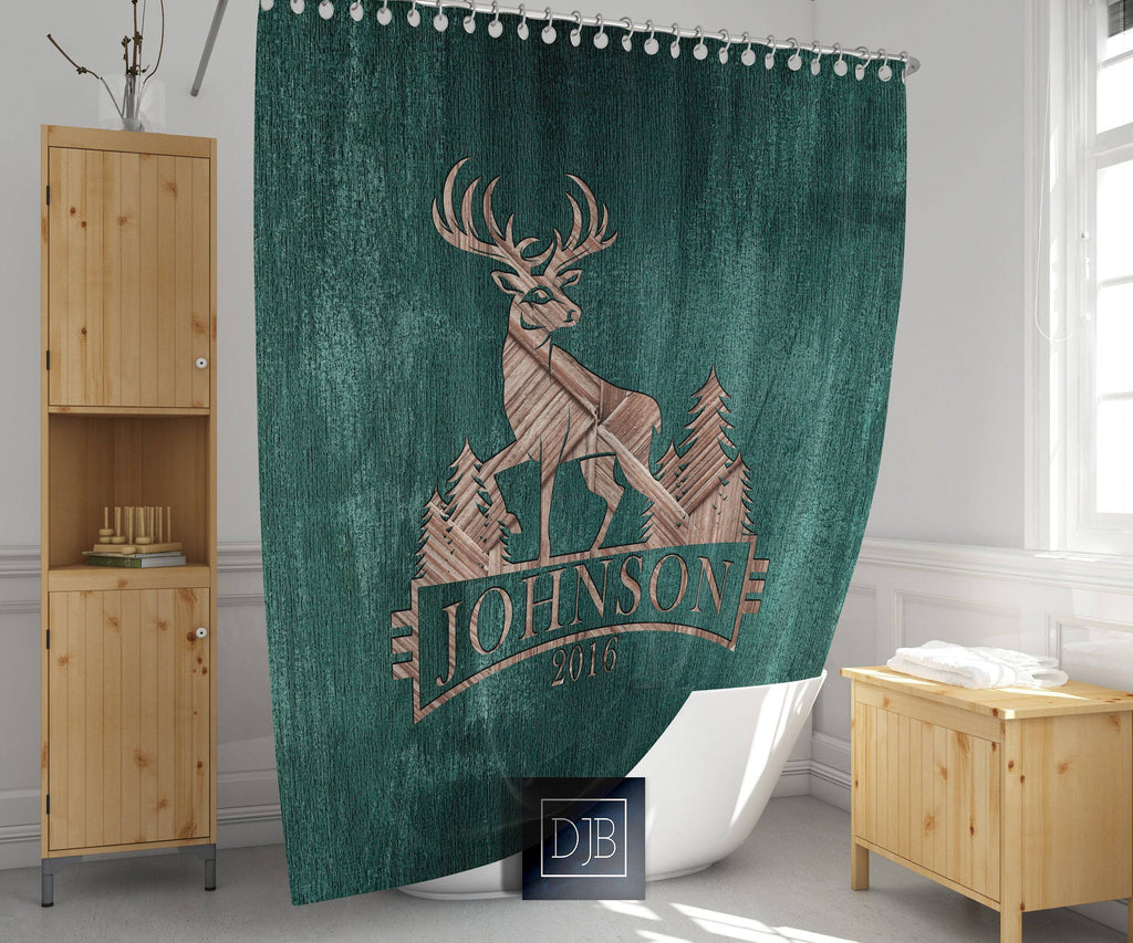 Personalized Rustic Whitetail Deer Shower Curtain | Hunting, Cottage, Cabin, Woodland - Deja Blue Studios