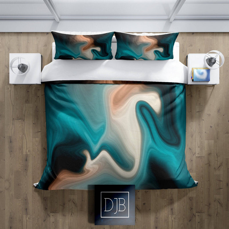 Teal Marble Comforter Set King,Blue Gold Marble Bedding, Abstract