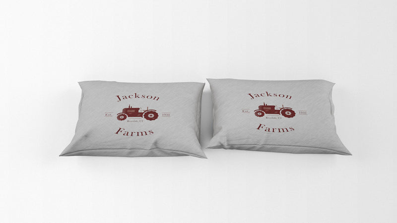 Personalized Bedding, Comforter or Duvet Cover| Red Tractor, Farm Name with Established Date | Twin, Queen, King Size | Farmhouse Bedding - Deja Blue Studios
