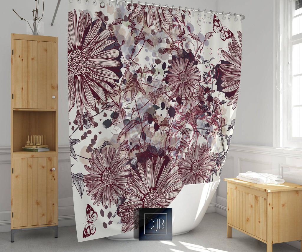 Burgundy and Beige Farmhouse Floral Shower Curtain - Deja Blue Studios