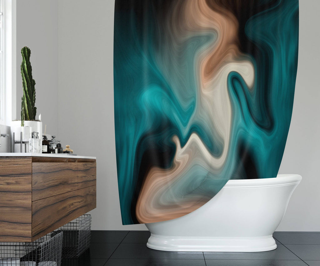 Blue and Tan Smoke Swirl Shower Curtain | Soft Abstract Design - Deja Blue Studios