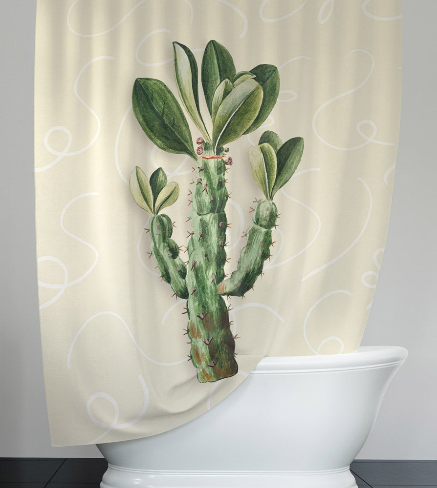 Cactus Shower Curtain - Beige and Green Succulent Plant - Deja Blue Studios