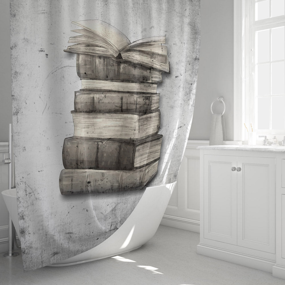 Stack of Books Shower Curtain - Rustic Brown and Grey - Deja Blue Studios
