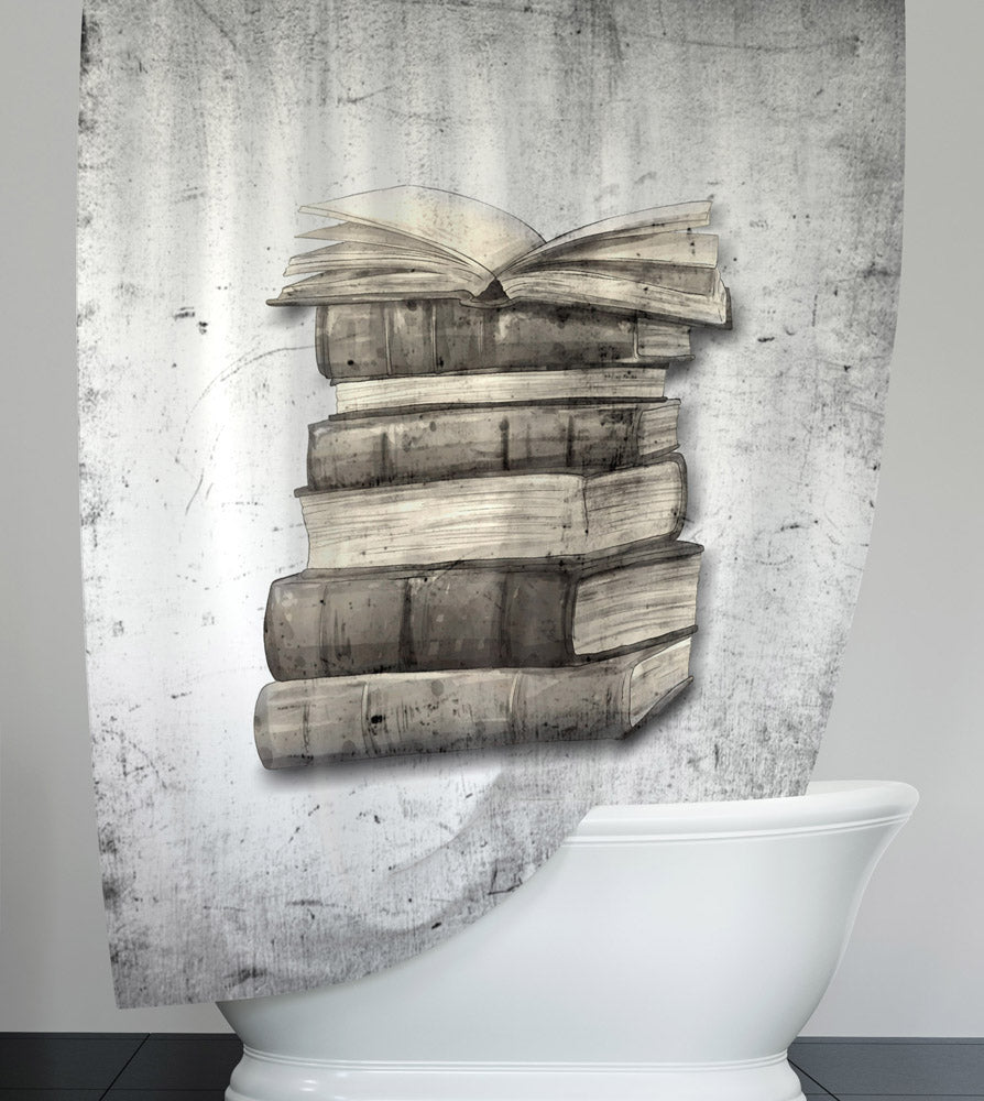 Stack of Books Shower Curtain - Rustic Brown and Grey - Deja Blue Studios