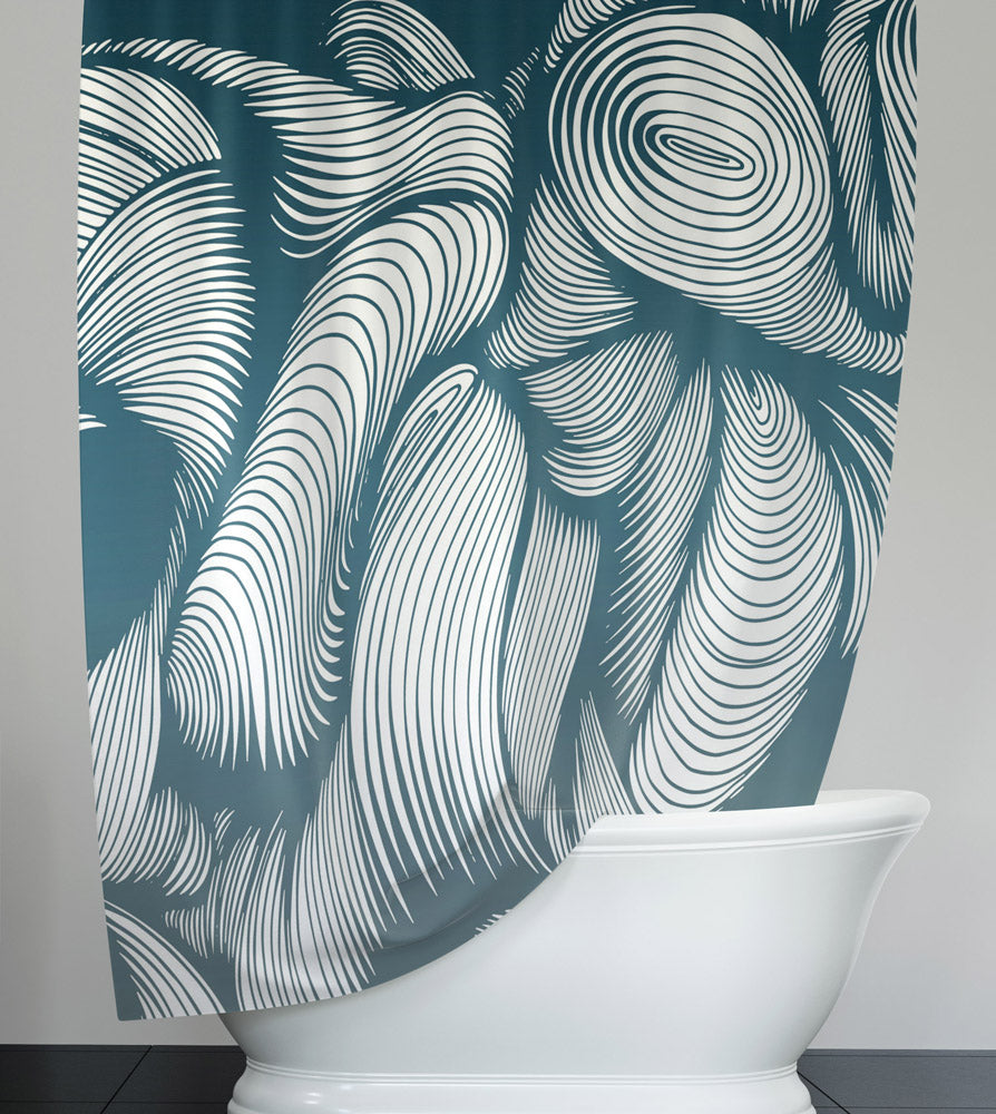 Blue and White Abstract Spiral Line Shower Curtain - Deja Blue Studios