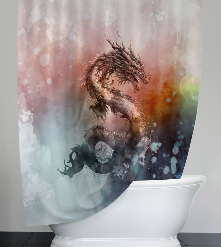 Dragon Shower Curtain - Bright Watercolor Stain Style Print - Deja Blue Studios