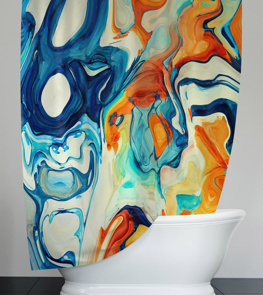 Blue and Orange Abstract Acrylic Pour Print Shower Curtain - Deja Blue Studios