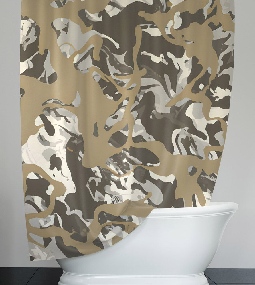 Color Swirl Camo Shower Curtain - White, Beige and Gray Desert Camo - Deja Blue Studios