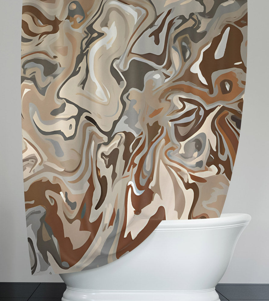 Color Swirl Camo Shower Curtain - Beige, Gray, Caramel Swirl Design - Deja Blue Studios