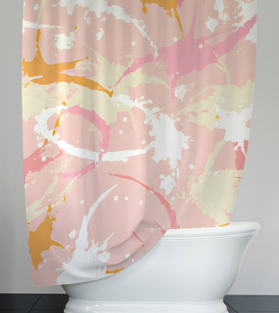 Abstract Shower Curtain - Pink, White and Yellow Paint Splatter Design - Deja Blue Studios