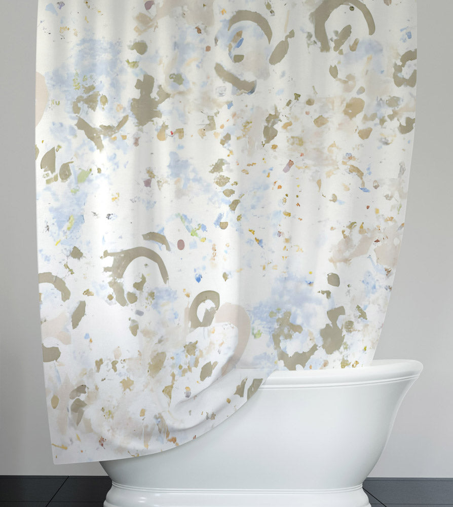 Abstract Shower Curtain - Whimsical White, Blue and Brown Confetti - Deja Blue Studios